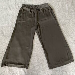 Elie Tahari Olive Satin Wide Leg Drawstring Pants w/Side Pockets Size L